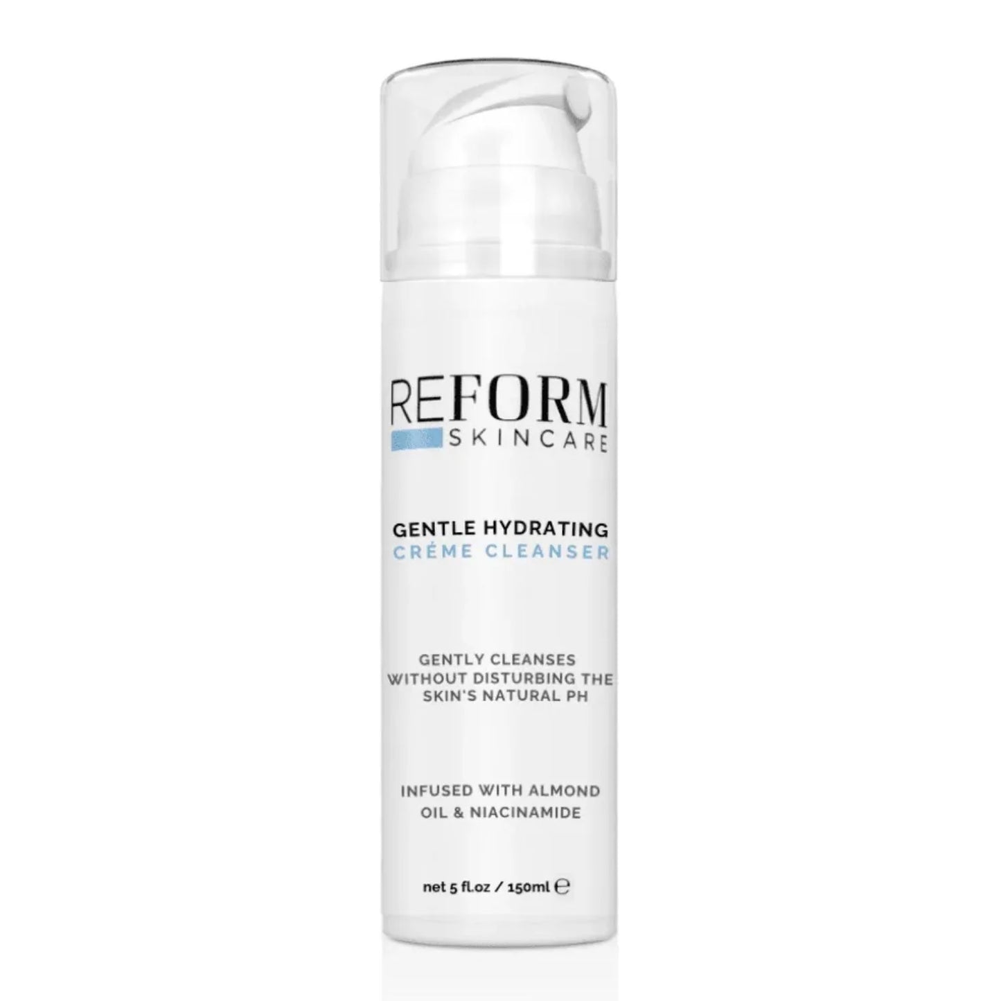 Reform Skincare Gentle Hydrating Crème Cleanser bottle with a soft, creamy texture, designed for dry and sensitive skin, placed on a white background with soft lighting.
