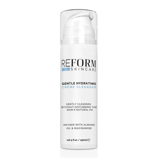 Reform Skincare Gentle Hydrating Crème Cleanser bottle with a soft, creamy texture, designed for dry and sensitive skin, placed on a white background with soft lighting.