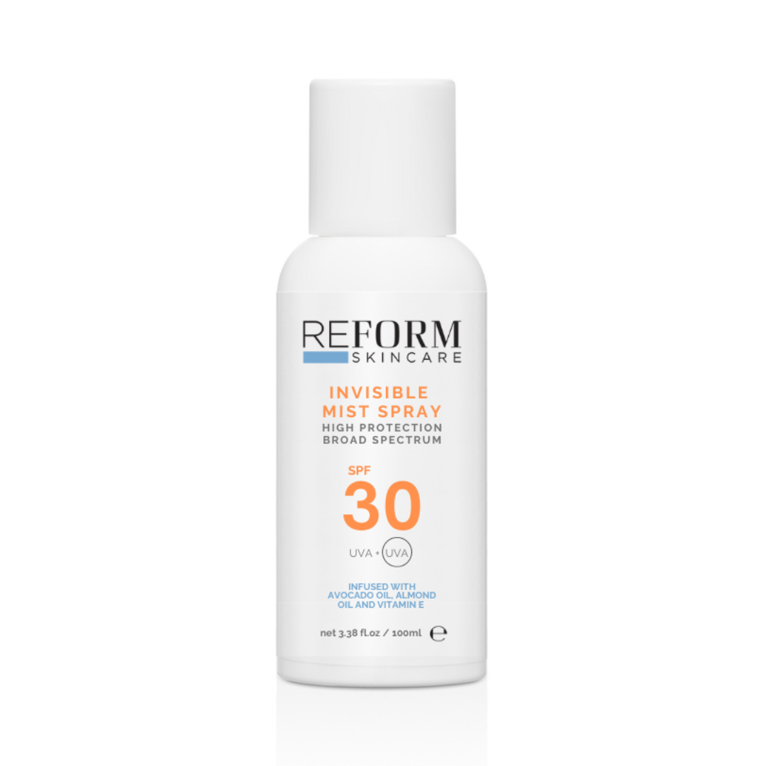 Reform Skincare SPF 30 Invisible Mist Spray bottle with a fine mist being sprayed, offering lightweight, non-greasy sun protection and hydration