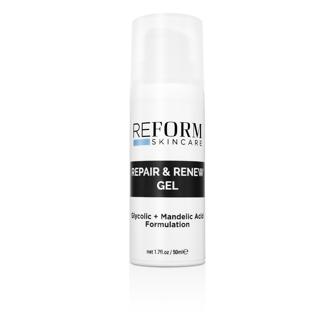 Reform Skincare Repair & Renew Gel bottle on a clean, minimal background, showcasing the exfoliating gel for brighter, smoother skin with key ingredients like Mandelic Acid, Glycolic Acid, and Phytic Acid.