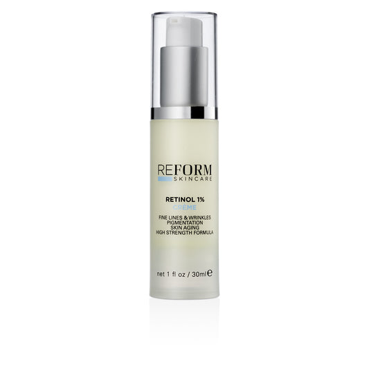 Reform Skincare Retinol 1% Crème in a sleek bottle, a high-strength yet gentle retinol treatment that boosts collagen, smooths skin texture, and reduces fine lines and hyperpigmentation while providing deep hydration and barrier support.