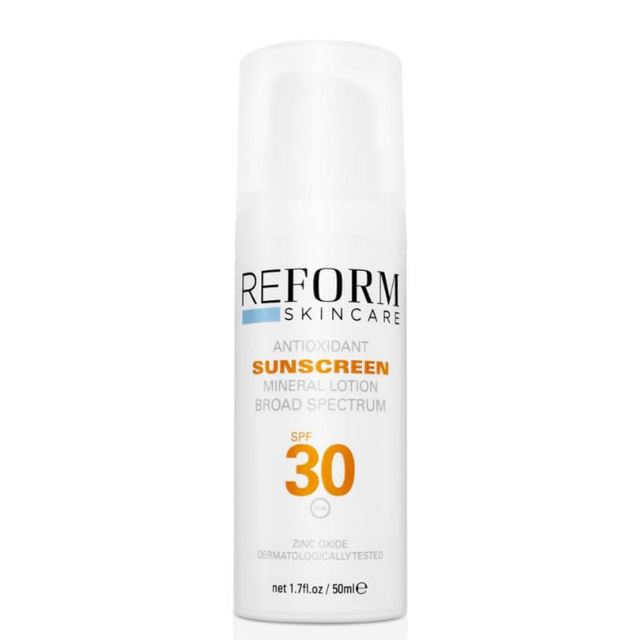 Reform Skincare SPF 30 Mineral Sunscreen in a sleek bottle, offering broad-spectrum sun protection with nourishing ingredients like zinc oxide, vitamin E, and panthenol for a non-greasy, non-whitening formula suitable for all skin types.