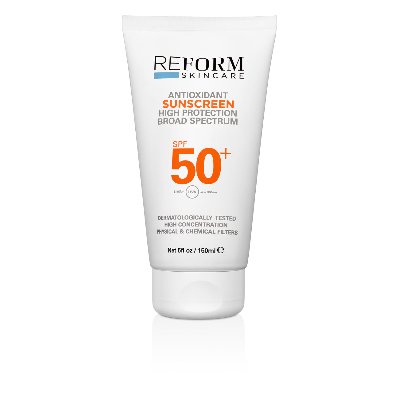 Reform Skincare SPF 50+ Antioxidant Sunscreen for broad-spectrum UVA and UVB protection, lightweight, non-greasy formula with antioxidant properties to prevent premature aging and skin damage.