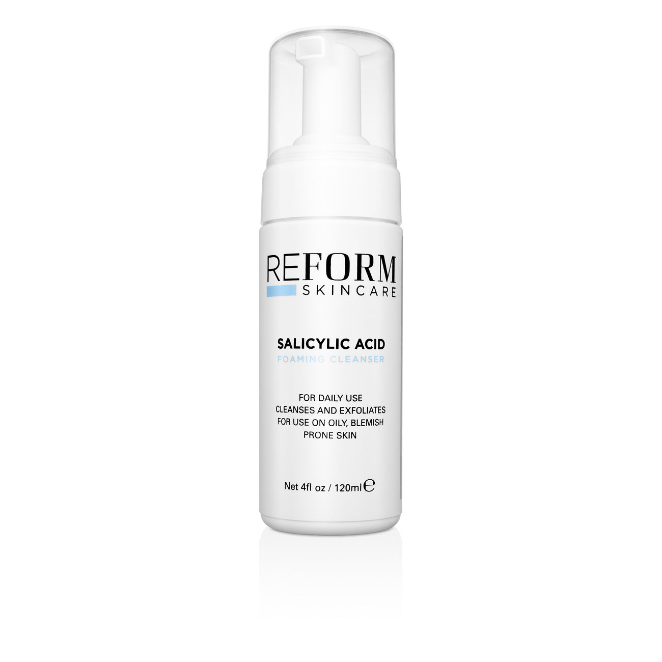 Reform Skincare Salicylic Acid Foaming Cleanser bottle on a clean, minimal background, showcasing the gentle exfoliating formula designed to clear excess oil and reduce breakouts